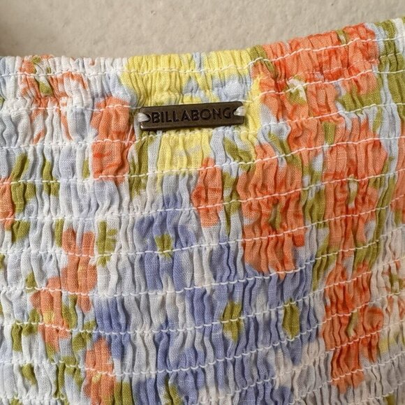 Billabong Feeling Groovy Puff Sleeve Floral Smocked Crop Blouse Top Blue Small - Picture 10 of 10